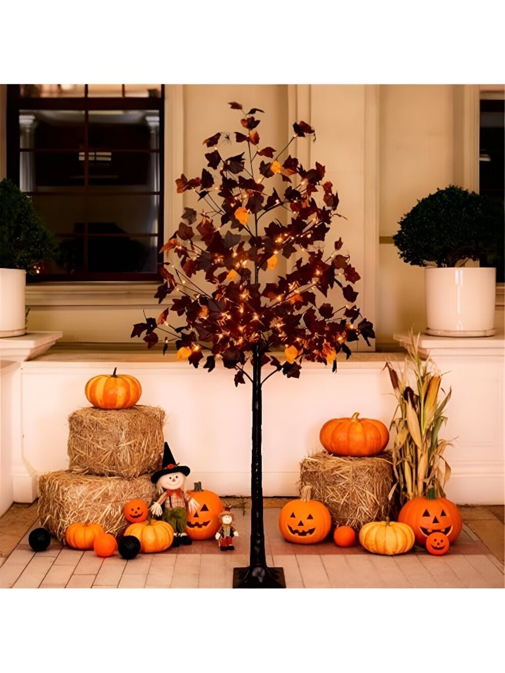 6ft Black Maple Halloween Tree with LED Skull Lights & Spiders